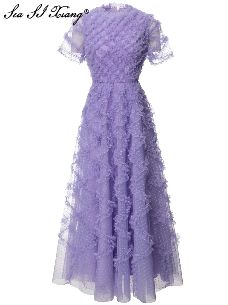 

Seasixiang Fashion Designer Spring Dot Mesh Dress Women O-Neck Short Sleeve Ruffles High Waiste Vintage Party Long Dresses