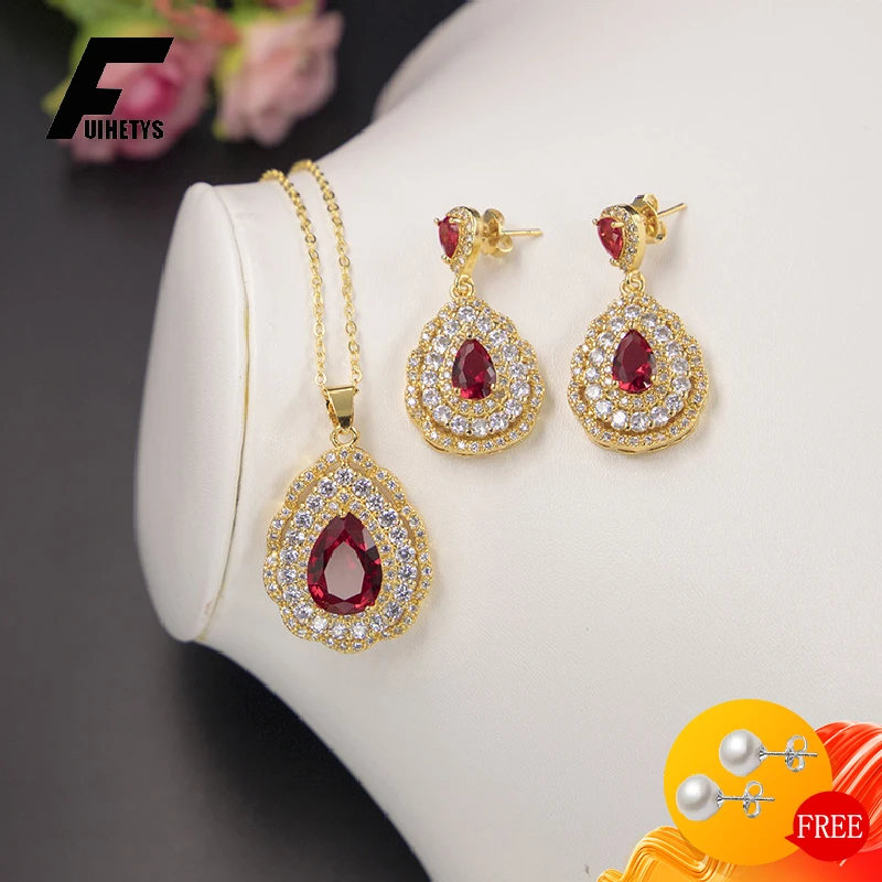 Luxury Earrings Necklace 925 Silver Jewelry Set for Women Wedding Water Drop Shape Ruby Zircon Gemstone Gold Color Accessories
Luxury Earrings Necklace 925 Silver Jewelry Set for Women Wedding Water Drop Shape Ruby Zircon Gemstone Gold Color Accessories