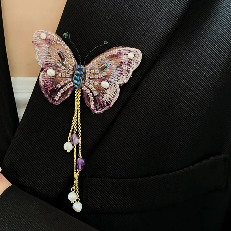 

MOGAKU New Arrival Purple Butterfly Brooches for Women Baroque Pearls Statement Pins Zircon Crystal Brooch Party Accessories