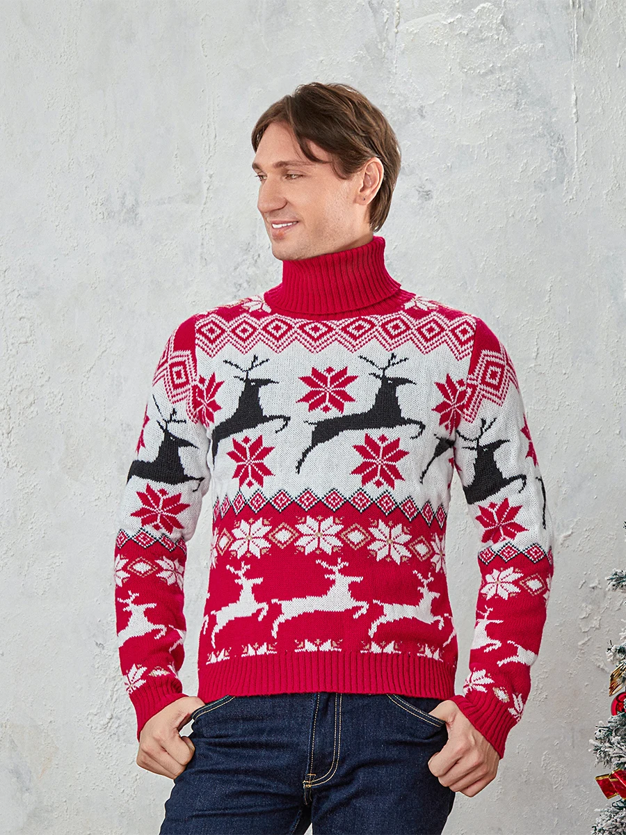 

Couples Christmas Sweaters Cute Elk Print Turtleneck Long Sleeve Pullover Tops Knitwear Fall Warm Streetwear