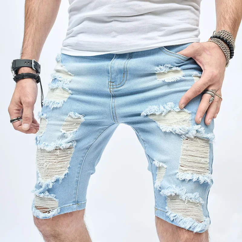 

Men Short Denim Pants Ripped Knee Length Middle Waist Holes Causual Fashional Bleached Distressed Shorts Straight 21B1
