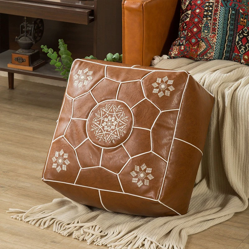 

Moroccan Cushion Cover PU Leather Meditation Pouf Embroider Craft Ottoman Covers Footstool Tatami Unstuffed Cushion No Fillings