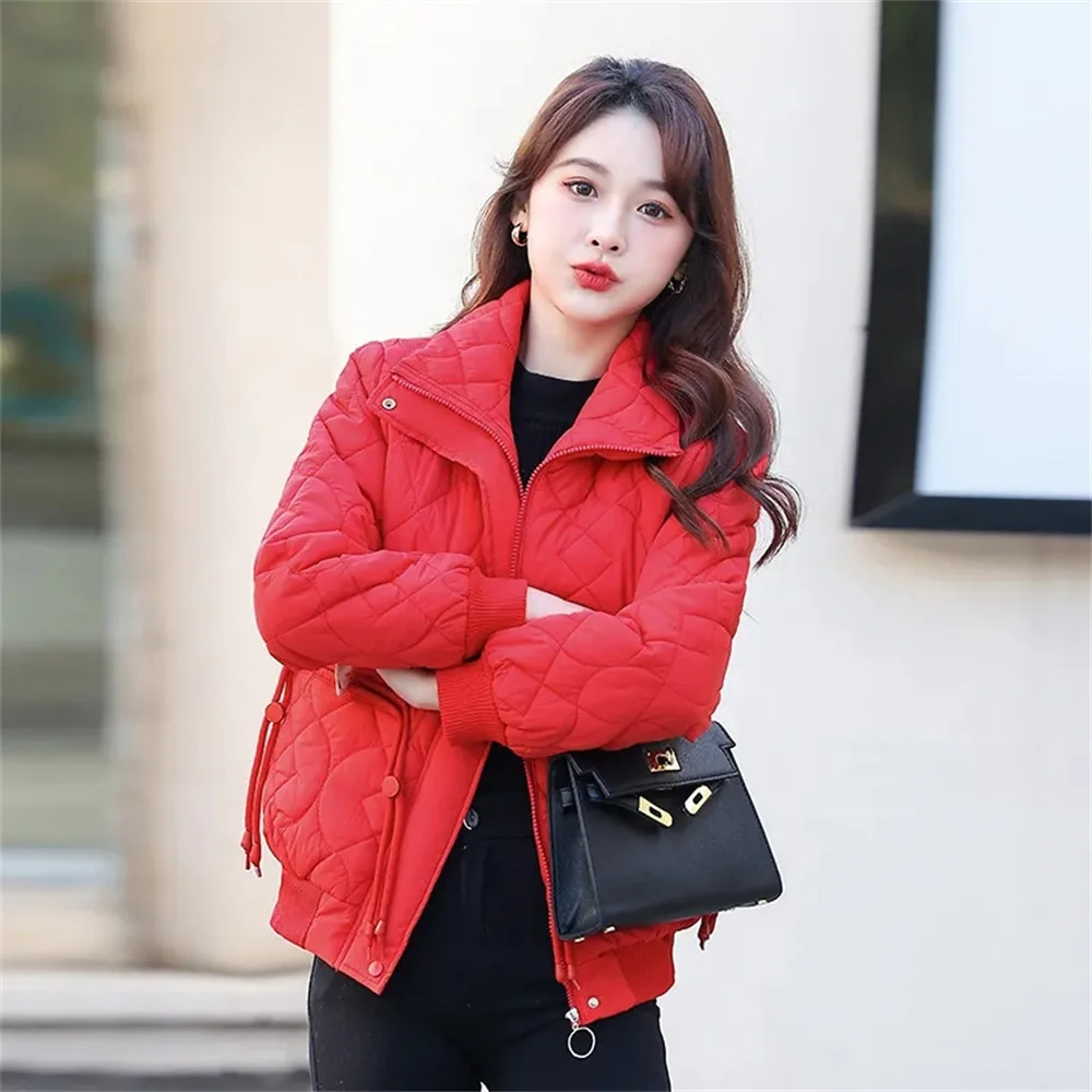 

Women Winter New fashion Rhombic Lattice Korean Stand collar thin Cotton Coat female Temperament Short Down padded Jacket R438