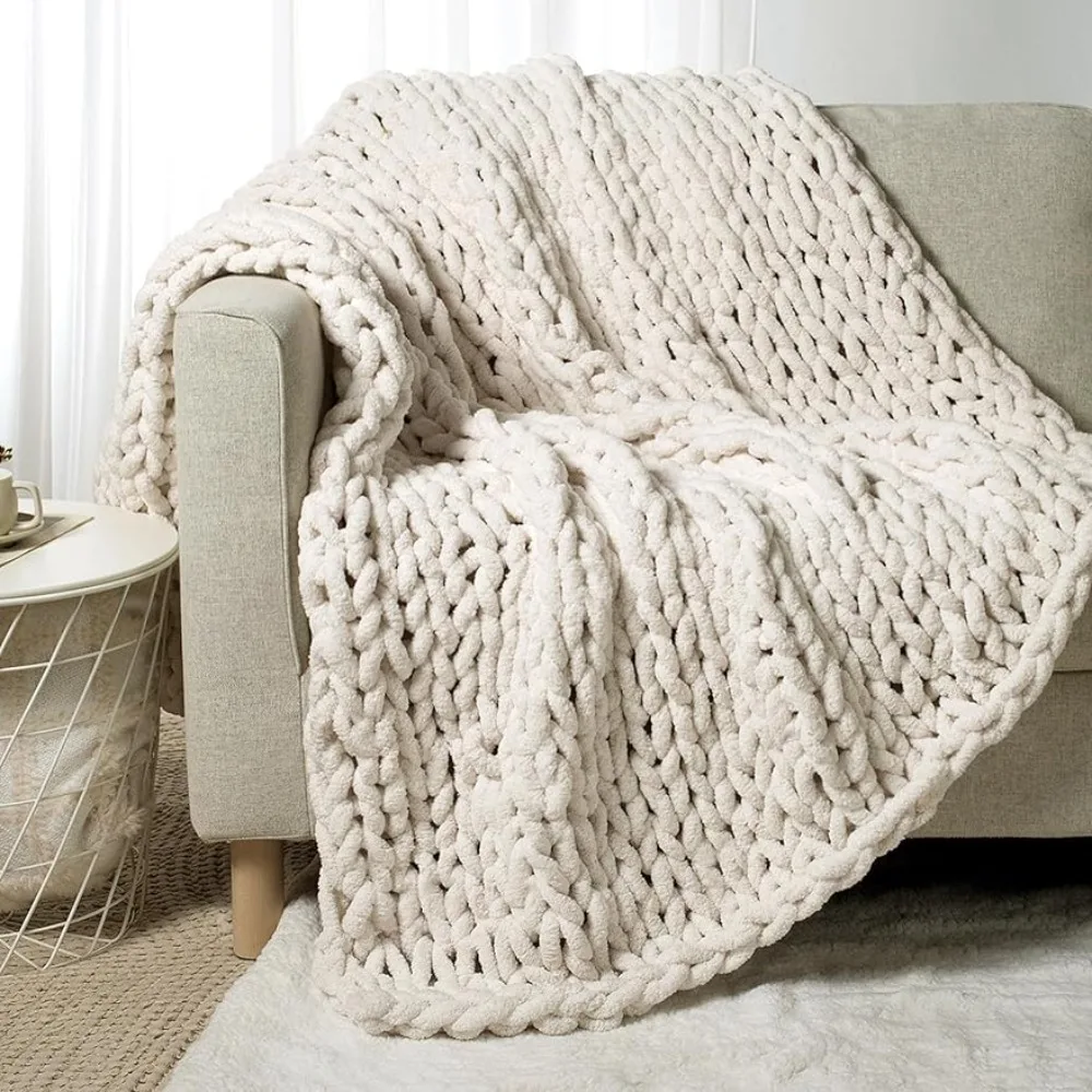 

Seventeen Chunky Knit Throw Blanket 60“ X 80” Twin Bedspreads for Double Bed Plaid Cream White Blanket Sofa Winter