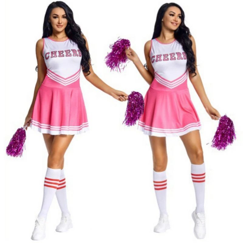 

Girls Cheerleading Costume Sleeveless Dance Uniform Lady Cheerleader Outfit Round Neckline Letter Print Dress Flower and Socks