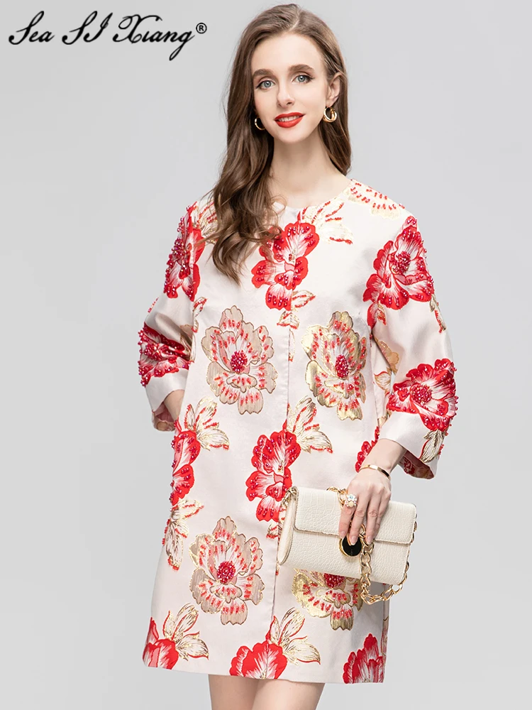 Seasixiang Fashion Early Autumn Golden Silk Jacquard Coat Women 3/4 Sleeve Beading Covered Button Elegant Party Loose Outwear
Seasixiang Fashion Early Autumn Golden Silk Jacquard Coat Women 3/4 Sleeve Beading Covered Button Elegant Party Loose Outwear