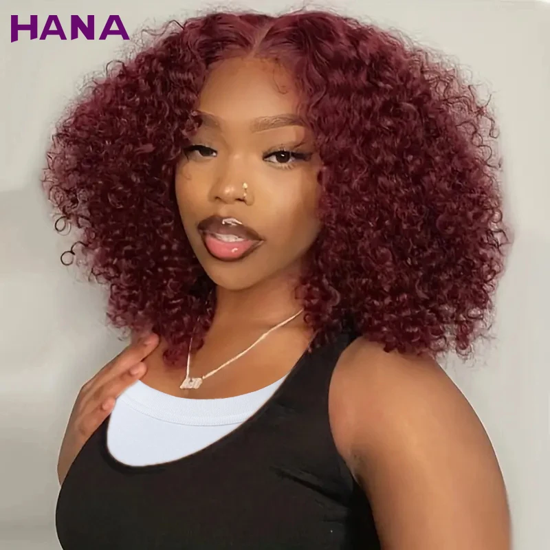 

99J Burgundy Red Colored Kinky Curly Bob Human Hair Wigs For Women 180% Density Pre Plucked Short Bob 13x4 Lace Frontal Wig