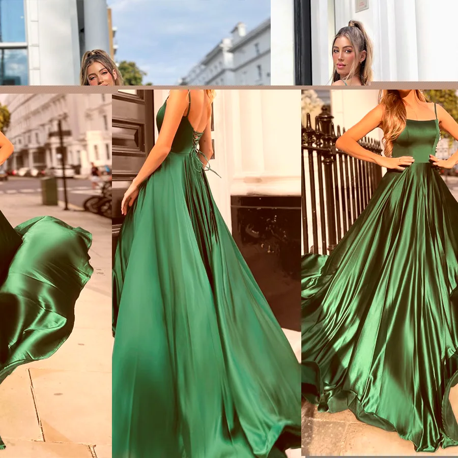 Women Spaghetti Straps Backless Evening Dresses Formal Sexy Satin Prom Dress Long Bridesmaid Gowns Wedding Guest Party Vestidos 
Women Spaghetti Straps Backless Evening Dresses Formal Sexy Satin Prom Dress Long Bridesmaid Gowns Wedding Guest Party Vestidos