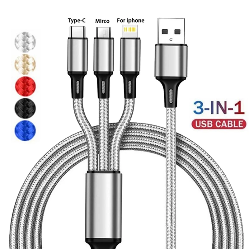 

UKGO 3 в 1 USB-кабель для быстрой зарядки Micro USB Type C Lightning мульти-зарядный кабель для iPhone Huawei Samsung нейлоновый плетеный шнур