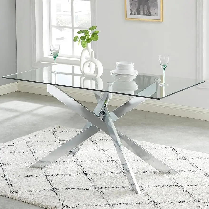 

Edwin's Choice 58.5” Rectangle Glass Dining Table, Tempered Glass Tabletop and Metal Tubular Legs, Modern Style Table for Home