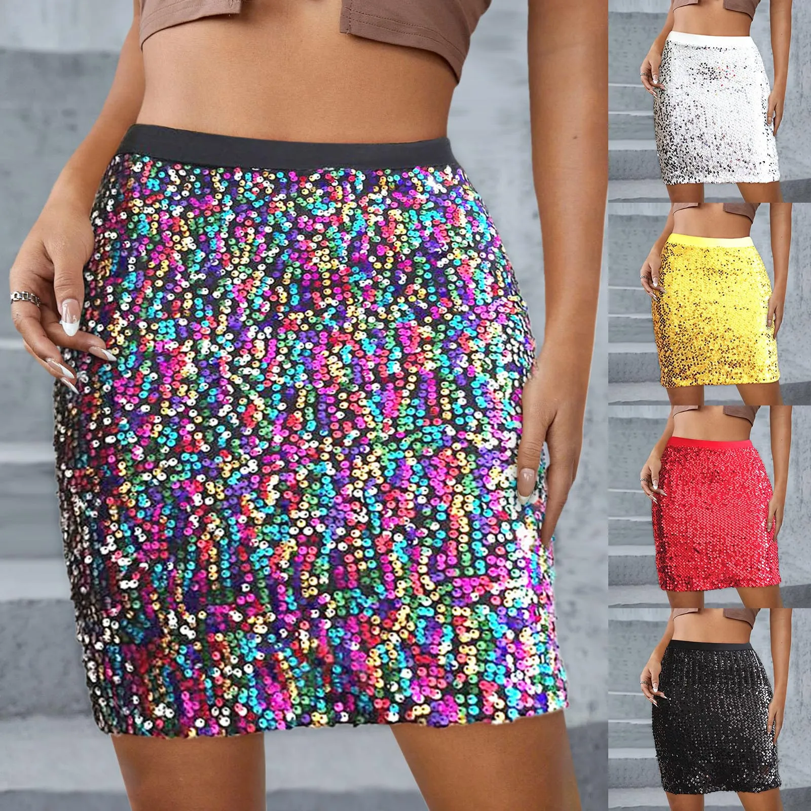 

Women's High Waist Short Half Length Skirts Sequined Glitter Fashionable Elastic Waisted Female Wrapped Buttocks Skirt