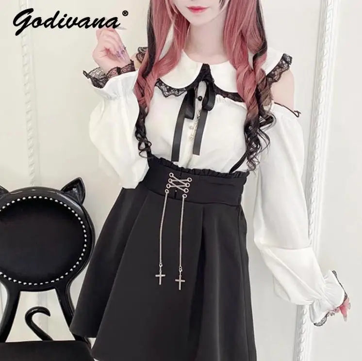 

Mine Style Girls Top Mass Production 2024 New Spring Women's Sweet Doll Collar Lace Ruffled Long Sleeve Shirt Zipper Blouses