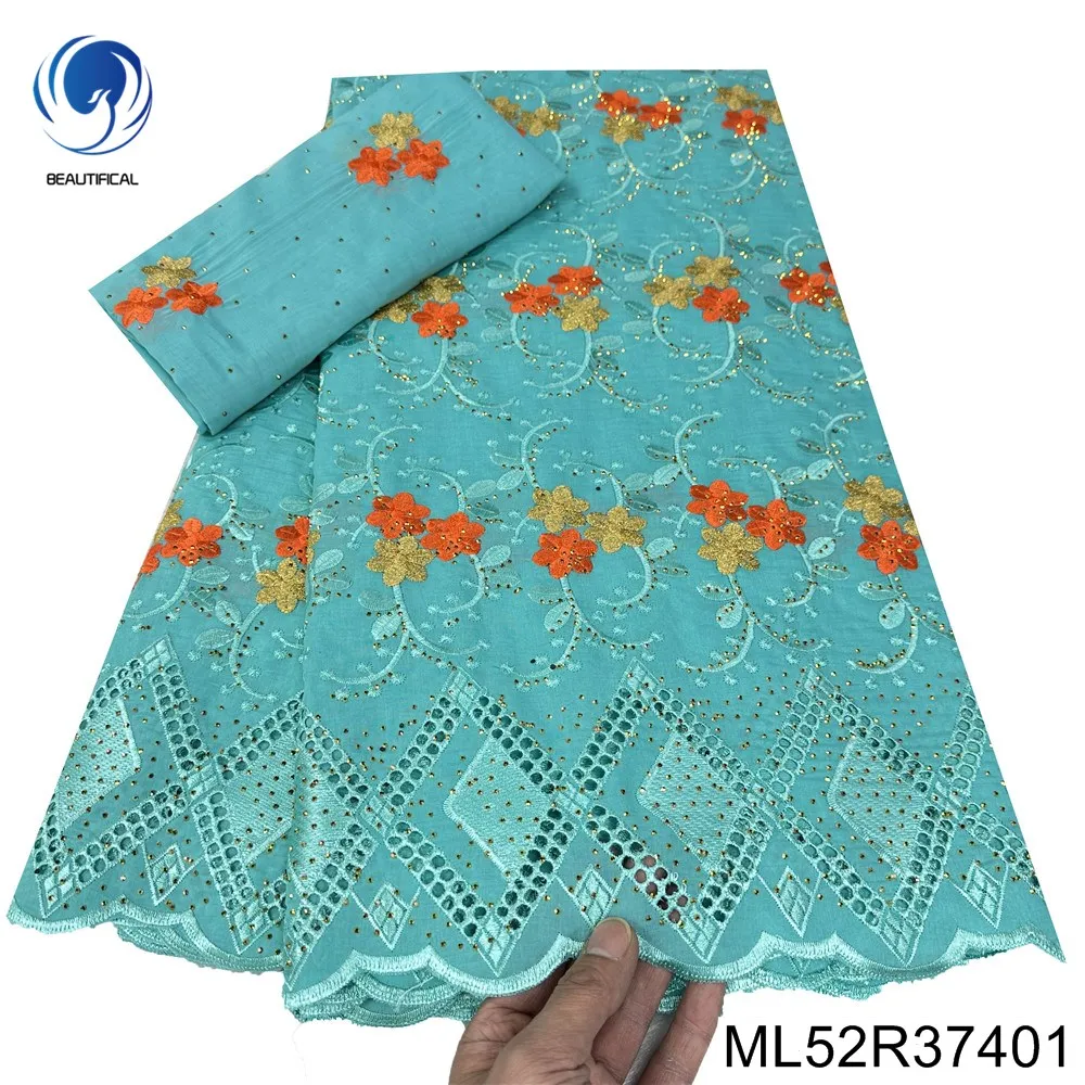 

Party Dress Beautiful Embroidered Flowers African Cotton Fabric High Quality Hot Drilling Nigerian Swiss Voile Lace ML52R374