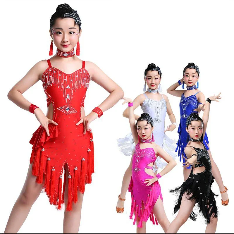 

Tassels Sequined Girls Ballroom Latin Dance Clothes Kids Salsa Competitions Costumes Girls Figure Skating Dress Rave Clothing