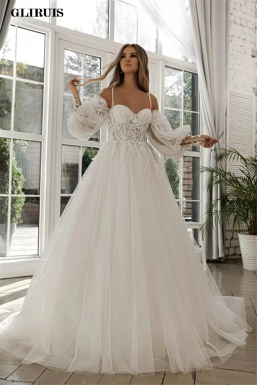 

Luxuious Beach Wedding Dress Long Puff Sleeve Lace Bridal Gown Feathers Custom Made Princess Wedding Party Gowns Boho