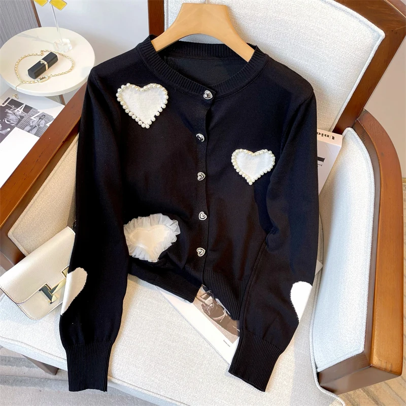 New Korean Fashion Sweater Cardigans Women 2022 Autumn Winter Tops Woman Love Beading Patchwork Mesh Lace Knitted Black Cardigan
New Korean Fashion Sweater Cardigans Women 2022 Autumn Winter Tops Woman Love Beading Patchwork Mesh Lace Knitted Black Cardigan