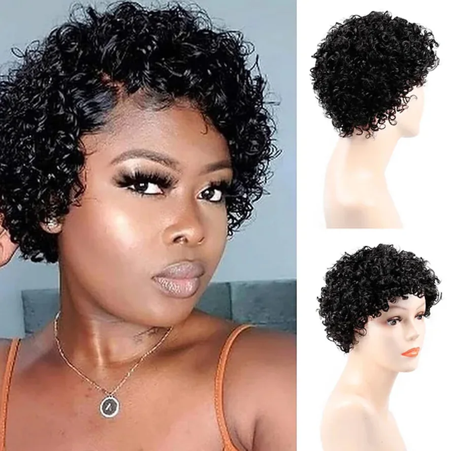 

Synthetic Hair Wig wig Black Short Natural Curly Pixie Cut Side Part Layered Haircut wig for women 7 inches