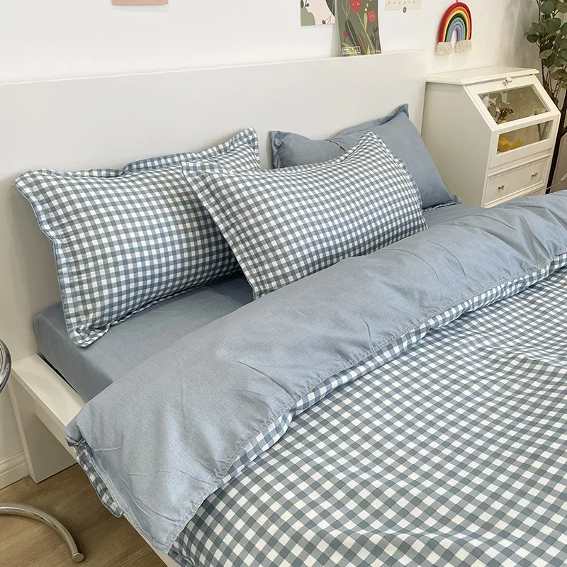 

New Bedding Sets Plaid Quilt Cover Pillowcase Bed Flat Sheets Blue Duvet Cover Sets Twin Full Single King Kids Bedclothes