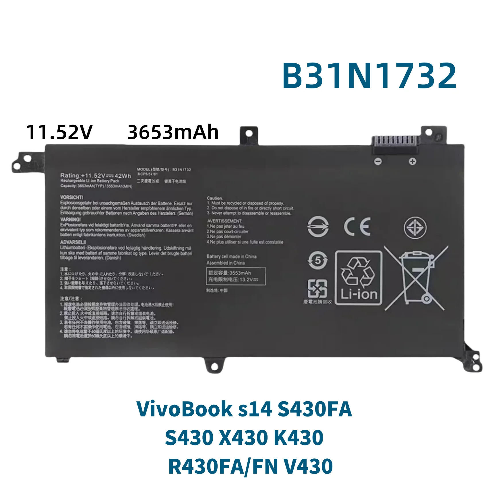 B31N1732 Battery for Asus VivoBook S14 S430FA S430FN S430UA S430UF X430FA X430FN X430UF K430FA R430FA V430FA S4300 F U VX60G
B31N1732 Battery for Asus VivoBook S14 S430FA S430FN S430UA S430UF X430FA X430FN X430UF K430FA R430FA V430FA S4300 F U VX60G