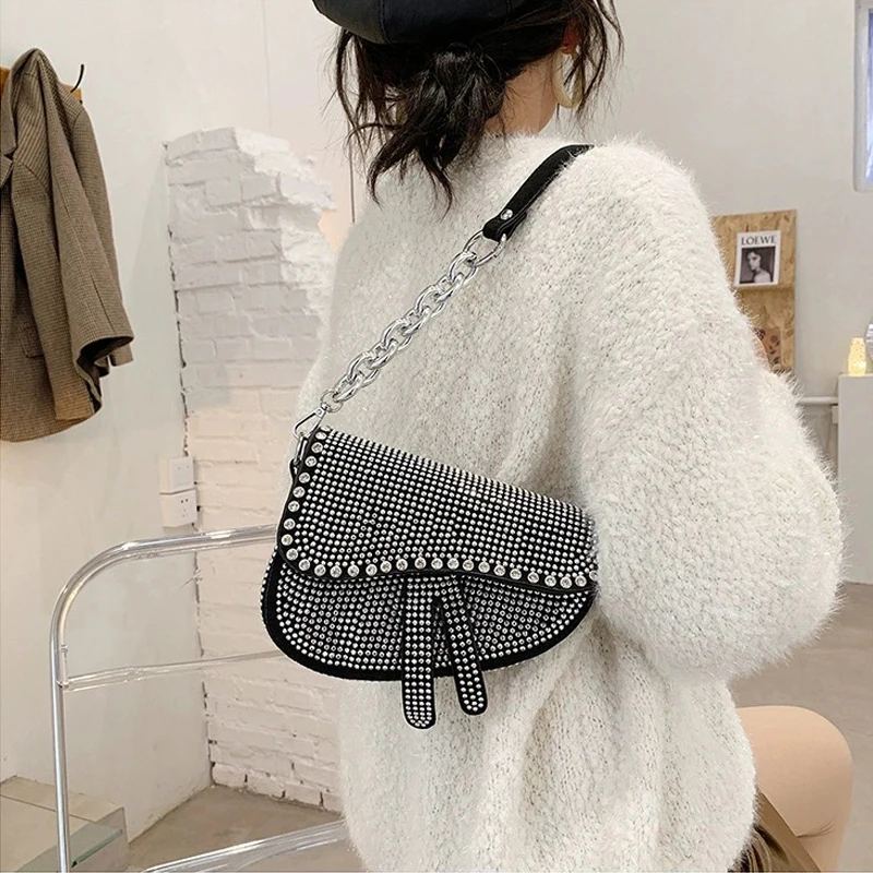 

Sliver For Women Fashion Small Saddle Bags Bright Diamond Luxury Designer Crossbody Underarm Shoulder Bag Ladies Fashion Handbag