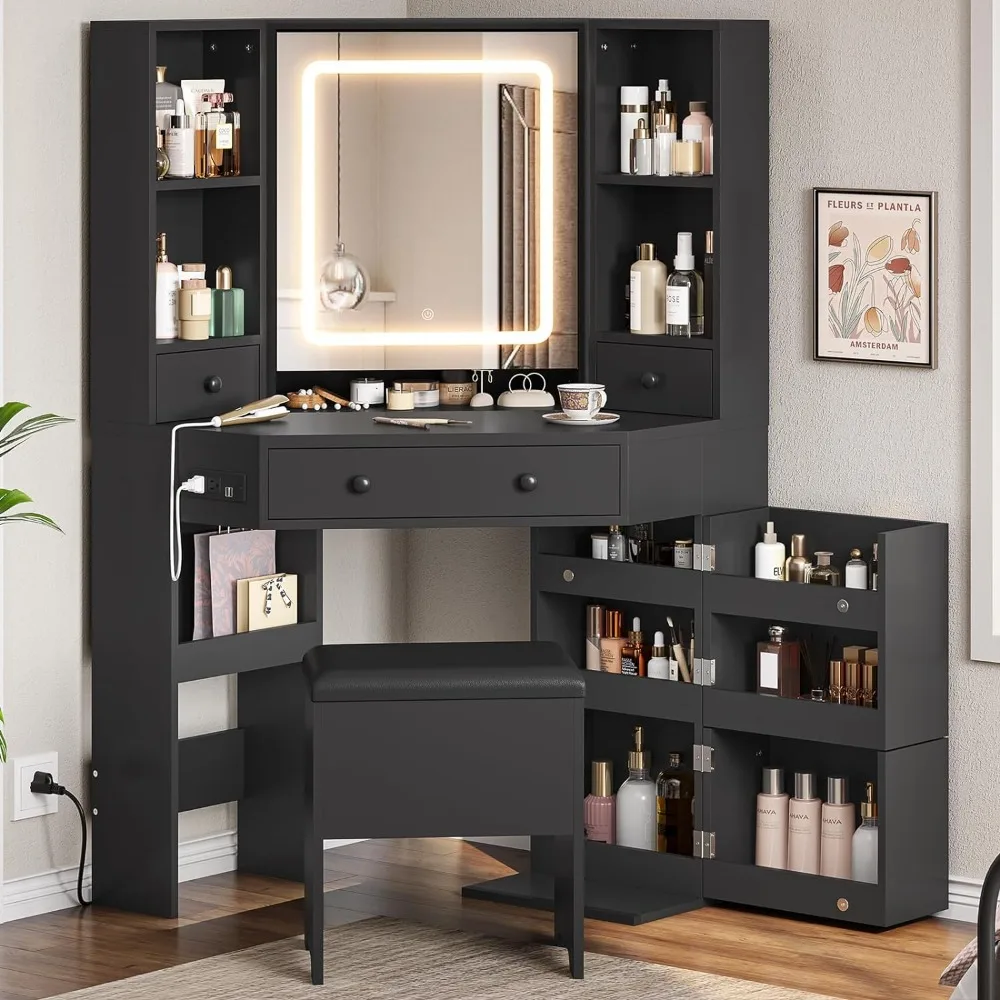 Corner Vanity Desk with Lighted Mirror, Makeup Vanity with Lights and Charging Station, Vanity Set with Mirror and Storage Stool
Corner Vanity Desk with Lighted Mirror, Makeup Vanity with Lights and Charging Station, Vanity Set with Mirror and Storage Stool