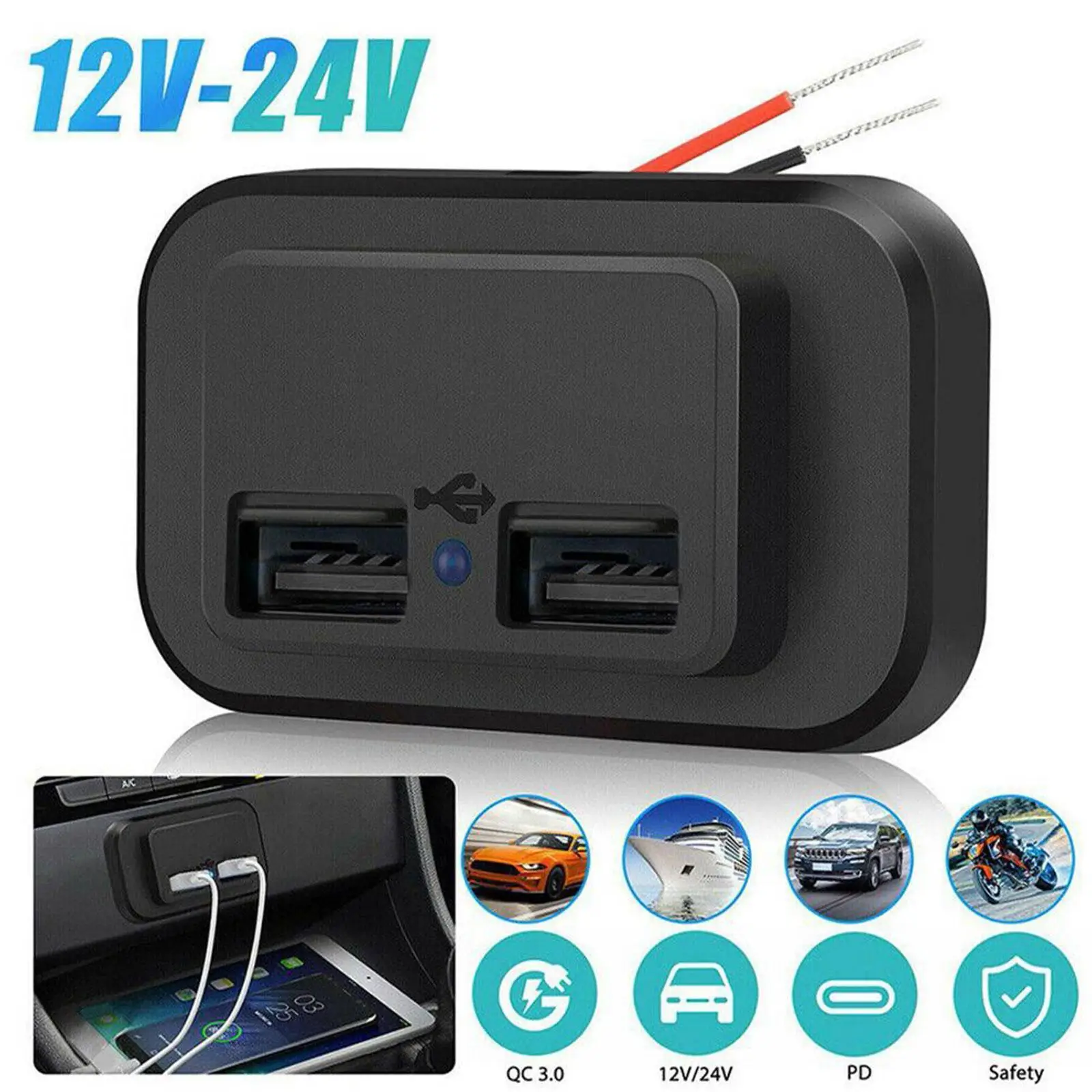 

3.1A/4.8A Dual USB Car Charger Socket 12V/24V Ideal For Vehicles Boats RVs And ATVs Fast Charger Socket Power Outlet Panel Mount