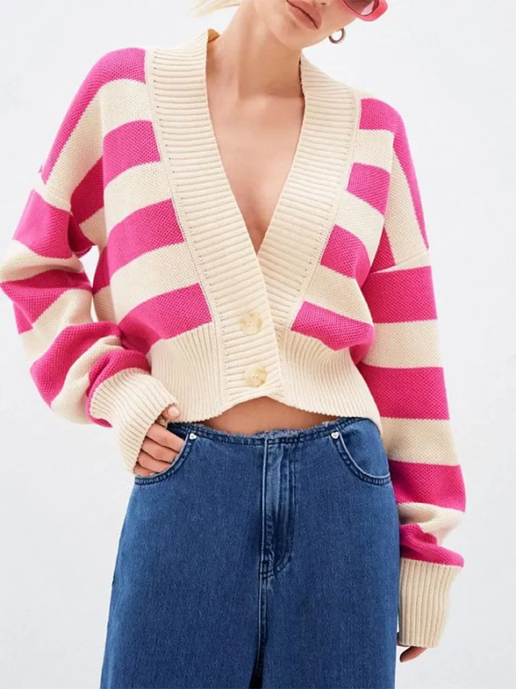

Women Stripped Rib Knit V-neck Crop Sweater Cardigans Single Breasted Long Sleeve Knitwear 2023 Autumn Fashion Female Streetwear