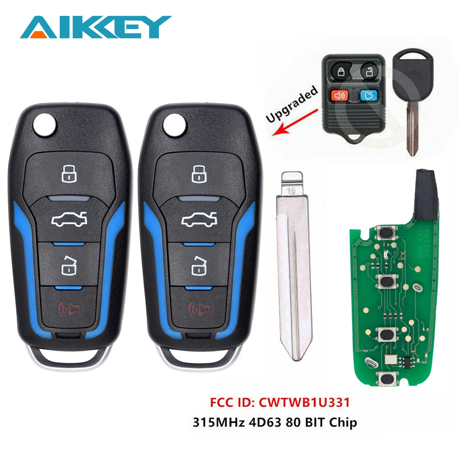 Pair Blue for Ford 315MHZ ASK 4 Buttons Car Remote Key Fob Modified Key with Chip CWTWB1U331 4D63/80bit Car Control Key
Pair Blue for Ford 315MHZ ASK 4 Buttons Car Remote Key Fob Modified Key with Chip CWTWB1U331 4D63/80bit Car Control Key