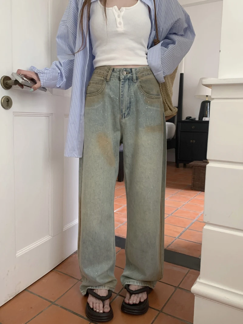

Slergiri Hot Diamond Do old Washed Baggy Jeans Women's New 2024 High Waisted Loose Y2k Streetwear Straight Wide Leg Trousers