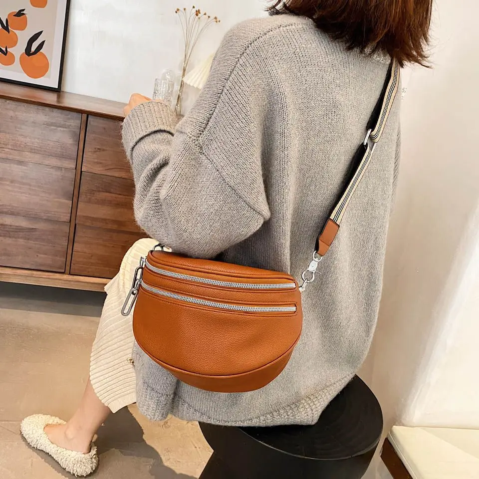 

High Quality Women Crossbody Fashion Shoulder Bag Wide Strap Soft Leather Female Messenger Bag for Ladies Semicircle Saddle Bags