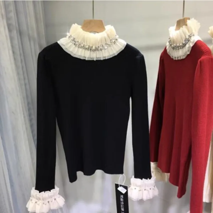 

Heavy Industry Beading Diamond Knitted Bottoming Sweater Women Turtleneck Underlay Knitwear