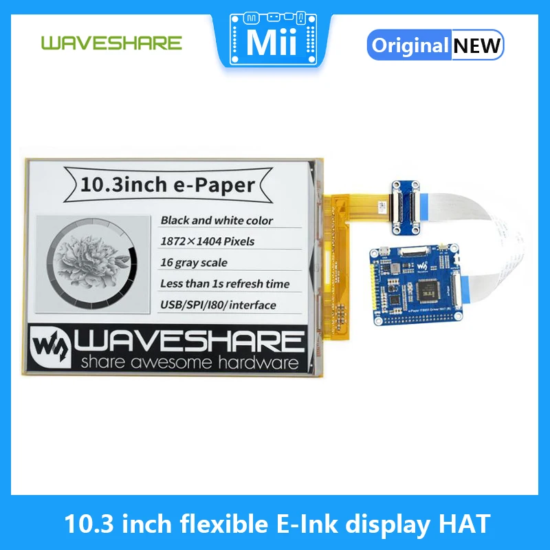 Waveshare 10.3 inch flexible E-Ink display HAT for Raspberry Pi, IT8951 controller,1872*1404 resolution,supports partial refresh
Waveshare 10.3 inch flexible E-Ink display HAT for Raspberry Pi, IT8951 controller,1872*1404 resolution,supports partial refresh