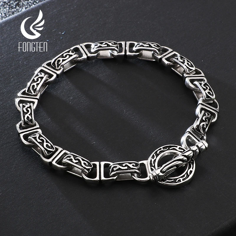 

Fongten 21.5cm Cuban Chain Bracelet For Men Stainless Steel Charm Male Curb Bracelets Bangles Silver Color Retro Totems Jewlery