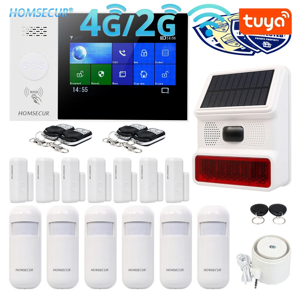 

HOMSECUR Tuya Wireless WIFI 4G GSM Burglar Intruder Alarm System+6*PIR+7*Door Sensor+Solar Powered Flash Siren