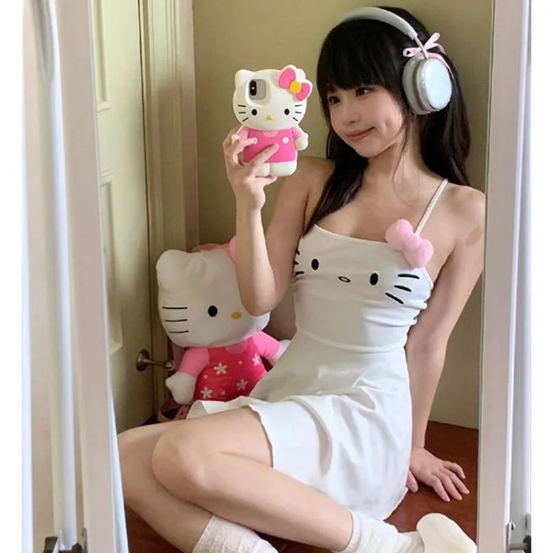 

Sanrio Hellokitty Anime Sexy Cute Summer Bows Dress Slip Mini Fresh Gentle White Dress Spaghetti Strap Sweet Girl Spicy Women