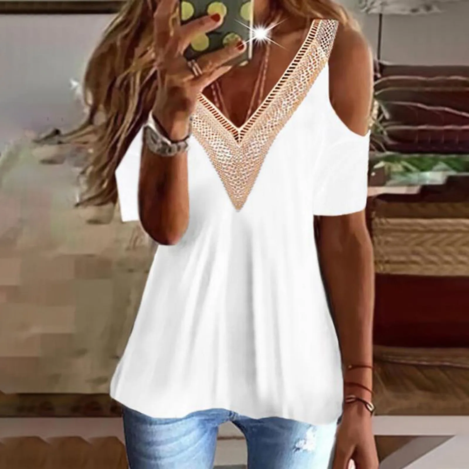 Womens Summer Tee Tops Casual Lace Trim Cold Shoulder Top Short Sleeve T Shirt Mom Snow Long Sleeve Shirts Women
Womens Summer Tee Tops Casual Lace Trim Cold Shoulder Top Short Sleeve T Shirt Mom Snow Long Sleeve Shirts Women