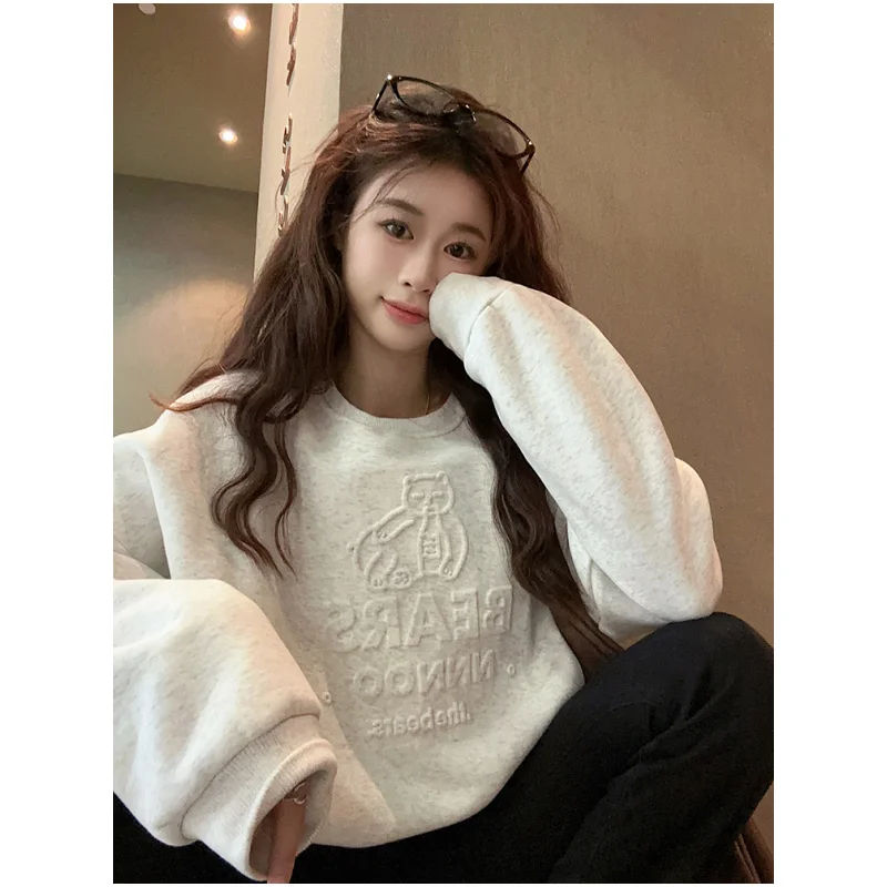 

Grey Retro Print American Cartoon Letter Cute Sweatshirt New Apricot 2024 Spring Baggy Pullover Girls' Feeling Round Neck Tops