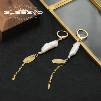 GLSEEVO-타원형 태그 바로크 비즈 여성용 롱 드롭 귀걸이, 트렌디 한국 스타일 독특하고 우아한 비즈 피어싱 디자인 연회 유태인