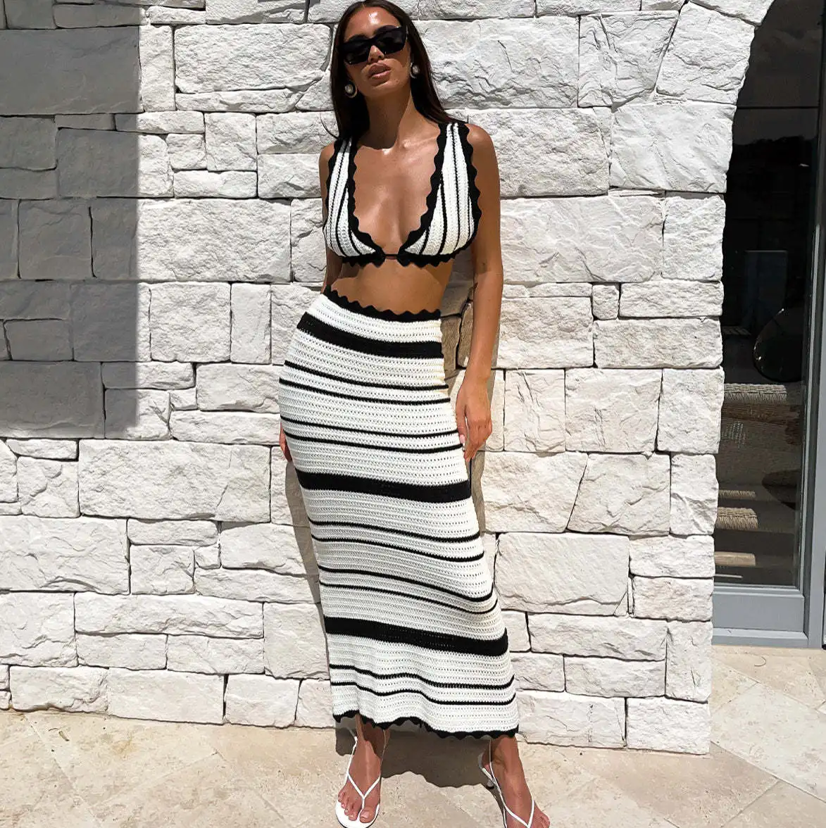 

Holiday Knited 2 Pieces Dress Set 2024 Striped Bikini Casual Beach Bohemian Style Contrast Suspender Crop Top Long Skirt Suit