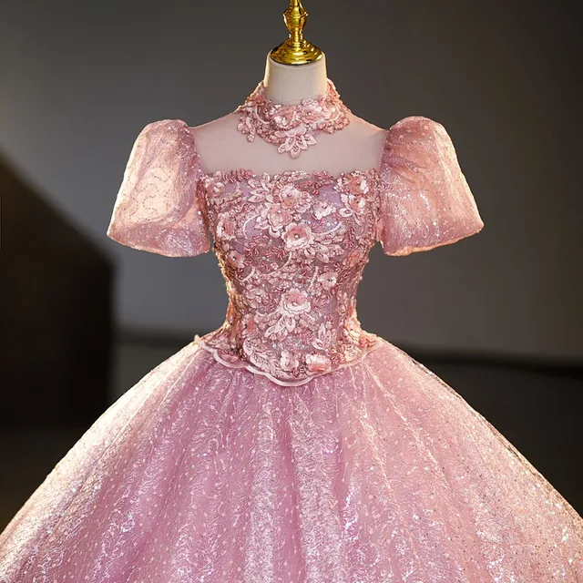 Robe de soirée de luxe rose à col haut, manches bouffantes, robe de bal classique à paillettes, à personnaliser 2