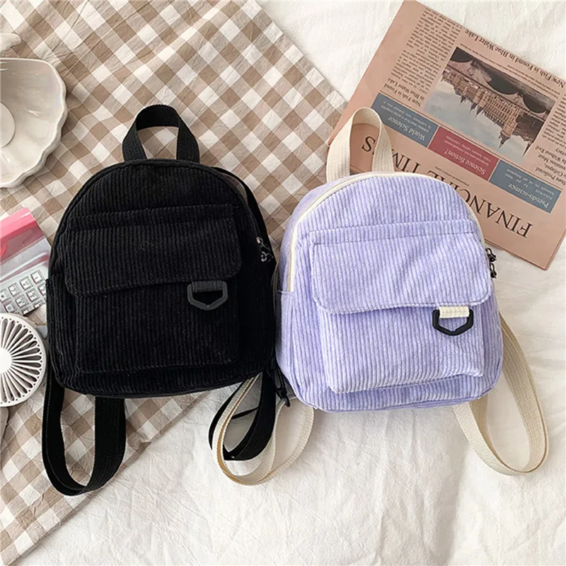 

Fashion Women Mini Backpack Solid Color Corduroy Small Backpacks Simple Casual Student Bookbags Traveling Backpacks 2024