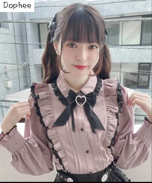 

Dophee Japan Styles Lolita Shirts Landmine Series Cute Girls Love Bow Peter Pan Collar Lace Top Long Sleeve Pink Women Blouses
