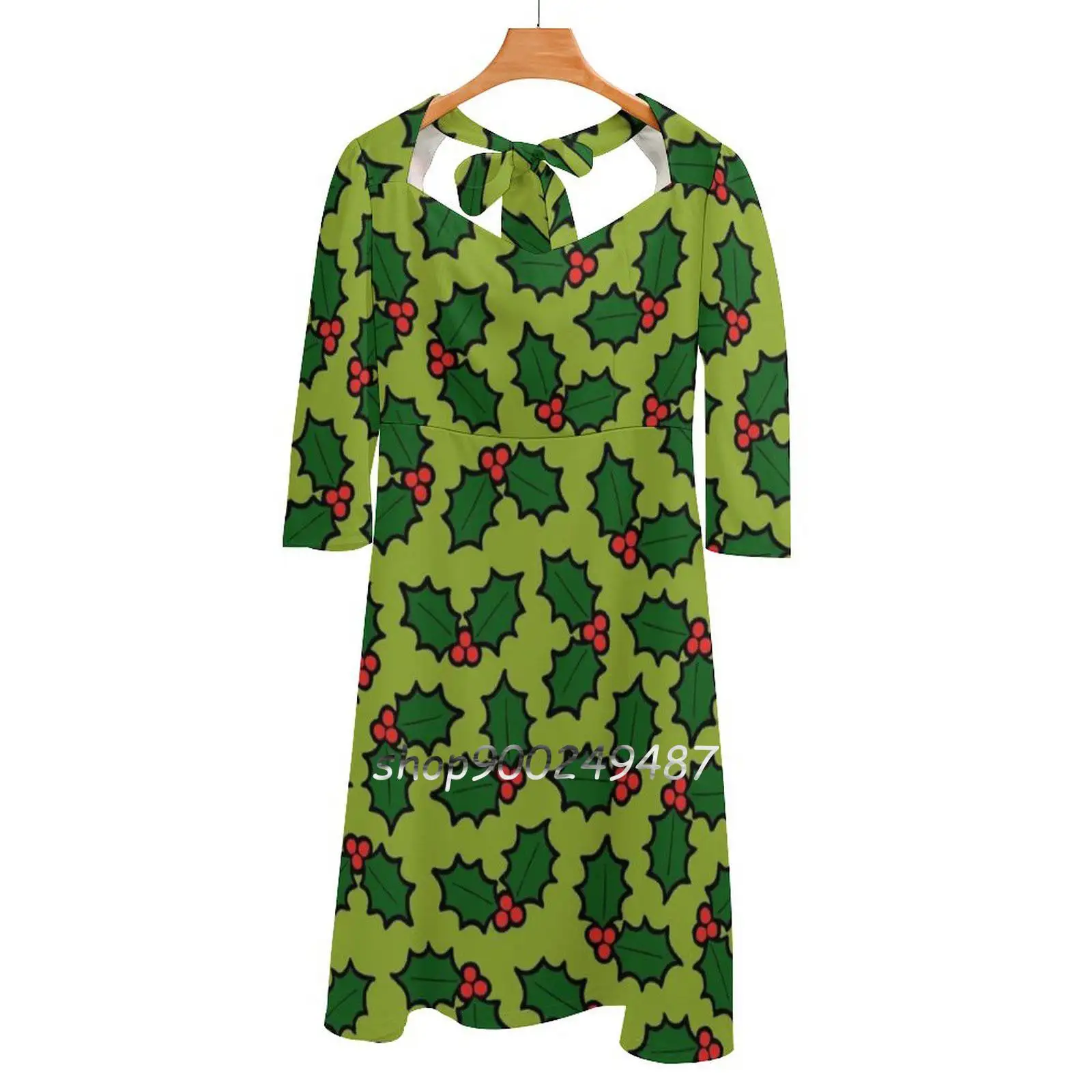 

Женское платье с квадратным вырезом, светло-зеленое платье с принтом листьев и ягод Падуба, Элегантное летнее платье с лямкой на шее