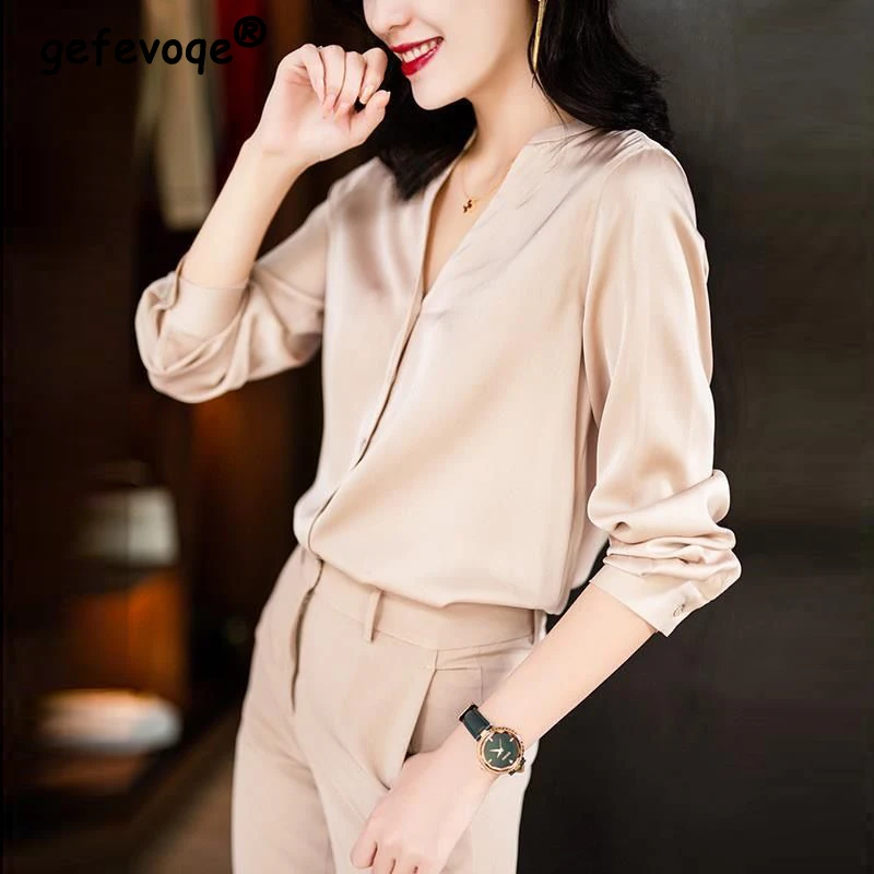 

Satin Elegant Chic Office Lady Button Up Shirt 2023 Spring Autumn Korean Fashion Simple Slim Long Sleeve Blouse Top Women Blusas