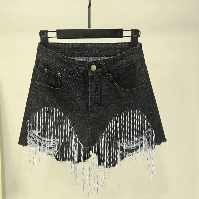 

2024 Summer Women Vintage Ripped Jeans Short Femme Fashion Casual High Waist Diamond Tassel Chain Sexy Denim Shorts Ladies B209