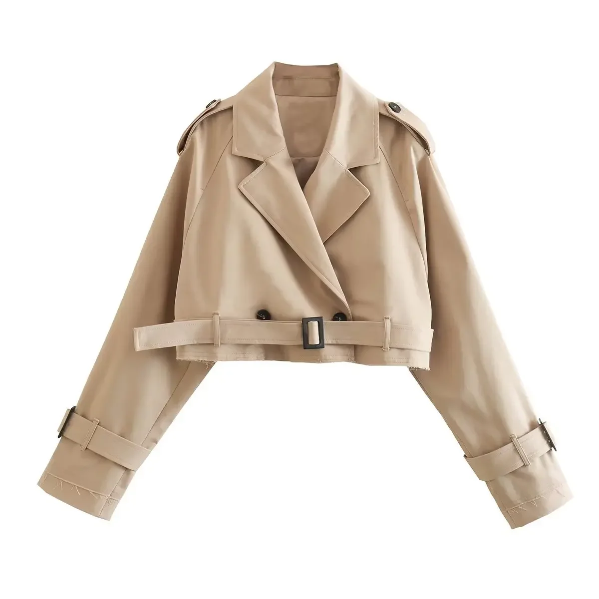 

Spring Streetwear Women's Cropped Trench Khaki Lapel Collar Jackets Coat Female Long Sleeve With Belt Single Button Short Jacket