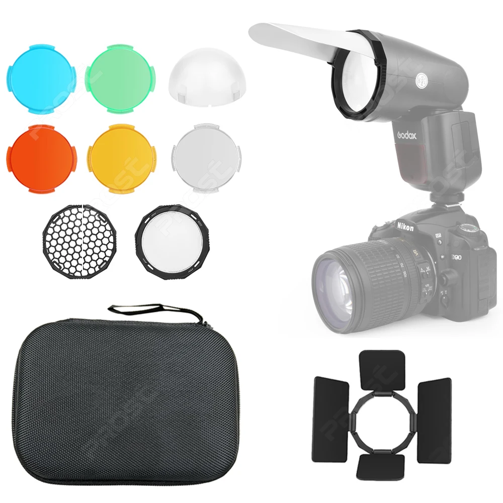 

Barn Door, Snoot, Color Filter, Reflector, Honeycomb, Diffuser Ball Kit for Godox AK-R1 AD100Pro H200R V1 V1Pro Round Flash Head