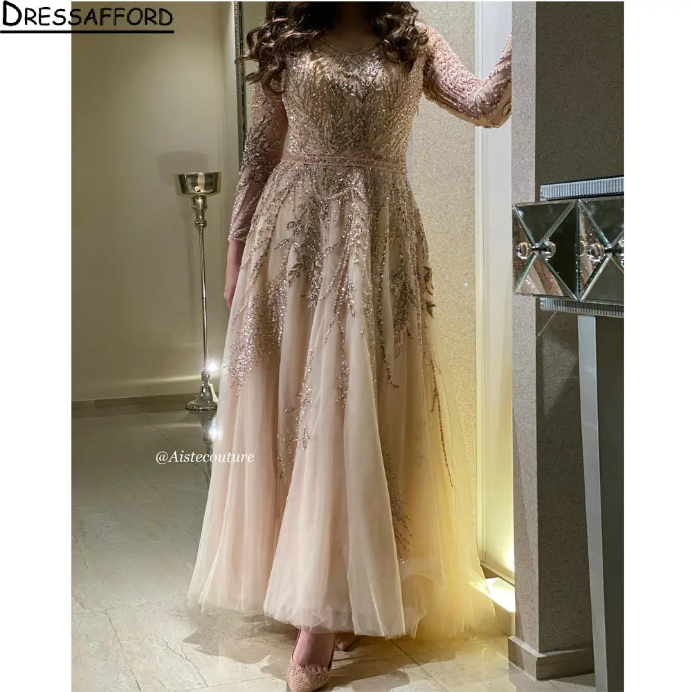 

Champagne Long Sleeve Crystal Beading Dubai Evening Dress A-Line V-Neck Belt Saudi Arabic Formal Party Gown