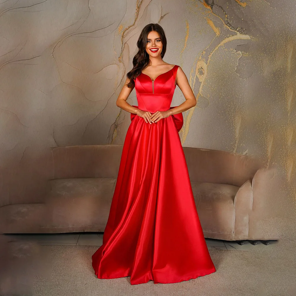 

robes de soirée Spaghetti Straps Satin A-line Formal Evening Dress for Bridal A-line Bow Lace up Court Evening Party Gown