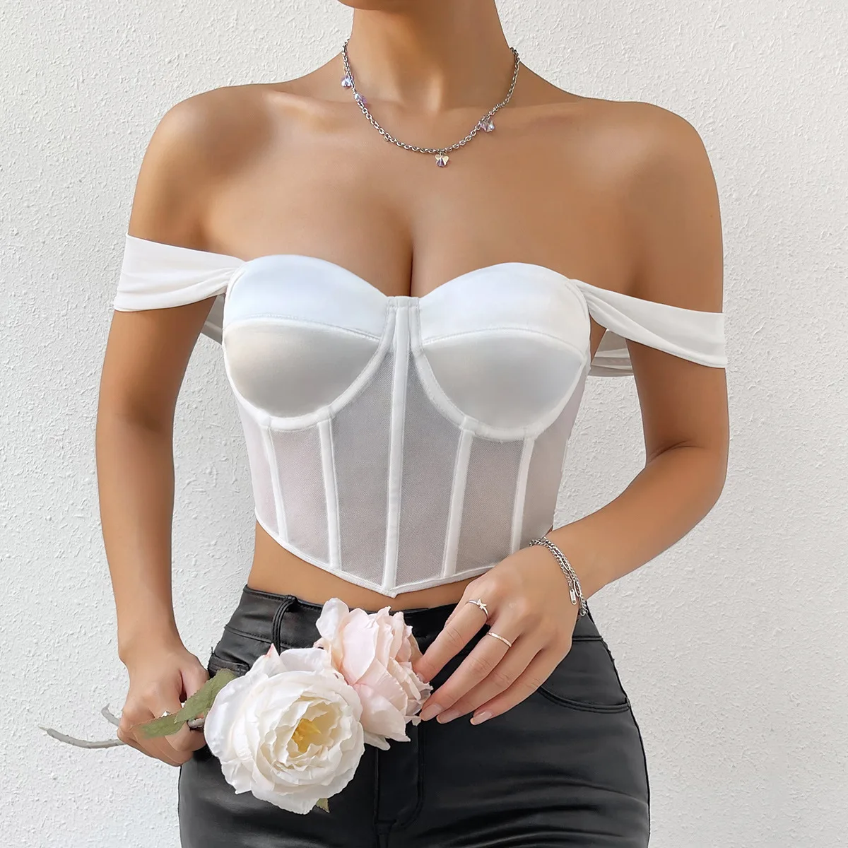 

White Gauze Bustier Women's Elegance Partyclub Camisole Push Up Bralet Tube Top Spaghetti Sexy Off-the-shoulder Underbust Corset
